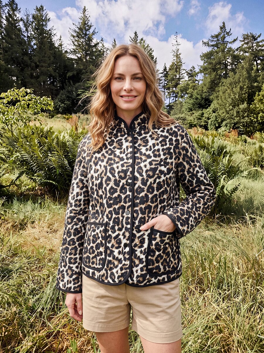 Dayvera Women's Autumn/Winter Small Stand Collar Leopard Print Pocket Padded Coat Long Sleeve Casual - Multicolor - View 1