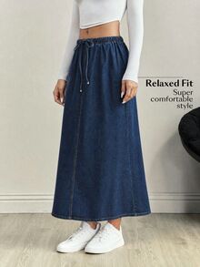 SHEIN MOD Women's Street Style Drawstring Waist Pocket Denim Skirt - Dark Wash - View 6