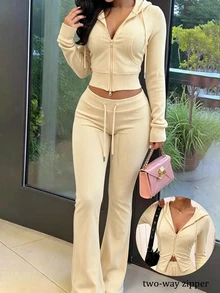 Eryvara 女款休閒街頭風修身運動拉鍊連帽外套與藍色喇叭褲套裝，秋冬日常時尚穿搭 - 杏色 - 查看 1