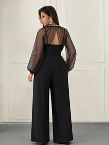 Femmeverse Women Plus Size Elegant Party Tulle Sequin Trim Shawl Strapless Two Pieces Wide Leg Jumpsuit - Black - View 2