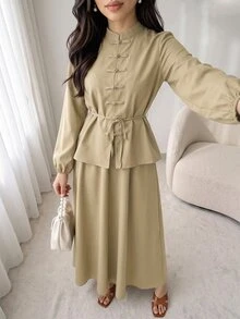Solavon New Design Modern Chinese Style Frog Button Waist Tie Blouse And Skirt Casual Versatile Set - Khaki - View 3