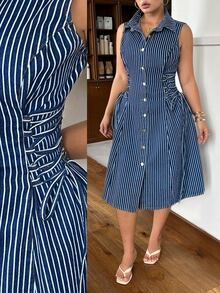 Rivivi Summer New Striped Print Loose Fit Plus Size Denim Sleeveless Dress - Blue - View 1
