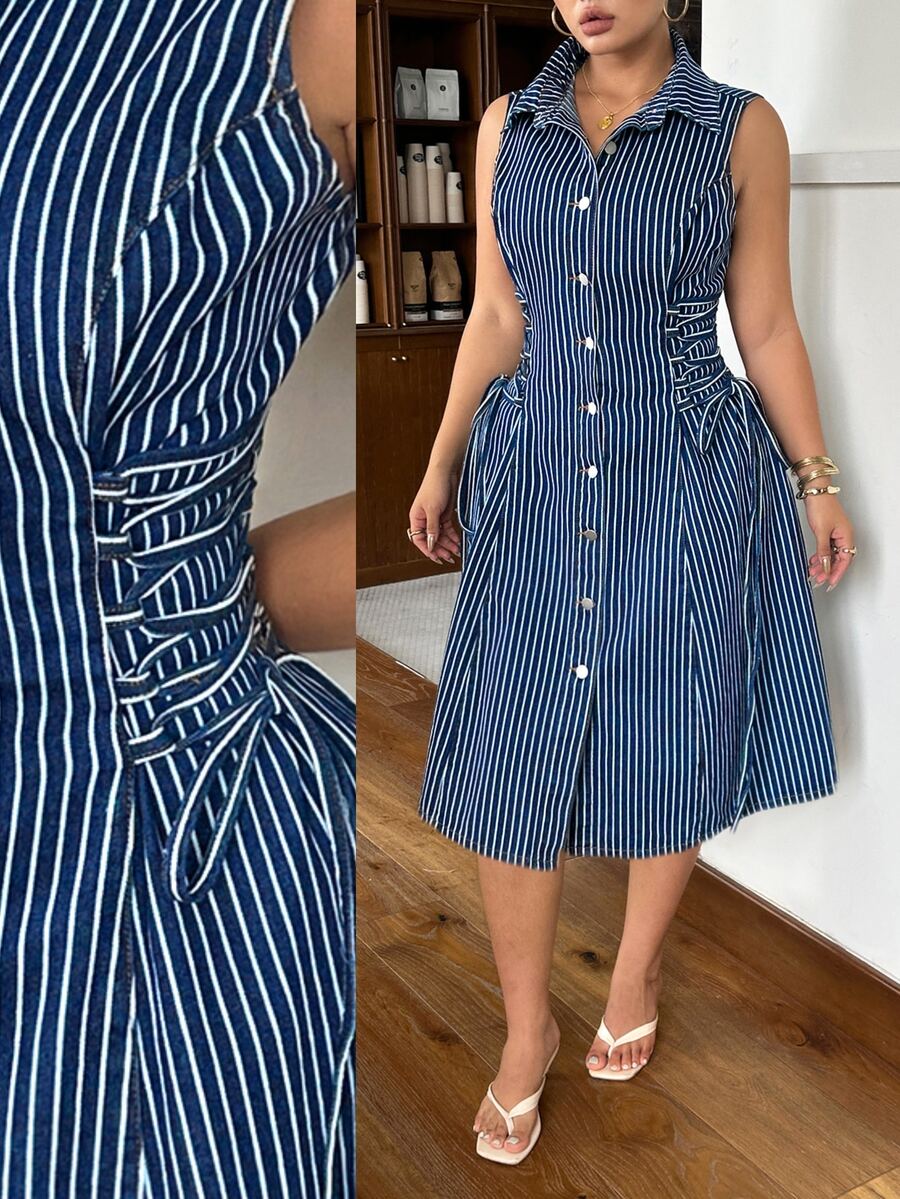 Rivivi Summer New Striped Print Loose Fit Plus Size Denim Sleeveless Dress - Blue - View 1