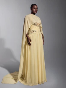 Elitara Gaun Panjang A-Line Elegan Ukuran Plus Warna Kuning Champagne dengan Leher Halter V Dalam, Hiasan Manik-manik dan Rhinestone, Pinggang Berkerut dengan Desain Selendang Pita, Cocok untuk Pesta Prom, Pesta Liburan, Acara Pernikahan, dan Gaun Malam Formal - Sampanye - View 8
