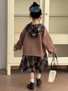 DAZY Tween Girl Patchwork Plaid Ruffle Hem Dropped Shoulder Long Sleeve Casual Hooded Dress - Camel - View 2