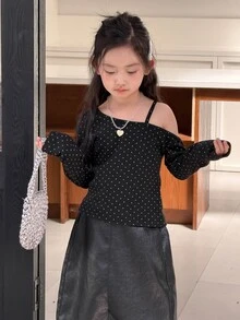 DAZY Tween Girl Polka Dot Print Asymmetric Collar Long Sleeve T-Shirt - Black - View 6
