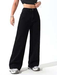 Women's High Waist Pocket Wide Leg Loose Casual Denim Jeans - Black - View 5