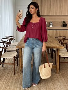 Weeklong Women Plus Size Spring Summer Casual Vacation Square Neck Button Mid Sleeve Solid Color Shirt, Suitable For Daily Wear And Vacation - Burgundy - View 4