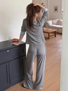 DAZY Women's Bowknot Decor Contrast Color Top And Pants Pajama Set - Grey - View 2