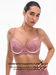 LUVLETTE Soft Woman Lingerie Lounge Curve Sheer Full Coverage Underwire Sexy Unlined Minimizer Lace Elegance & Mesh Bra Bridal Intimates Romantic Purple Bra - Coral Pink - View 10