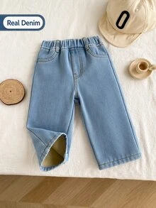SHEIN Playful Pals Baby Boy Elastic Waist Thermal Line Denim Jeans - Light Wash - View 6
