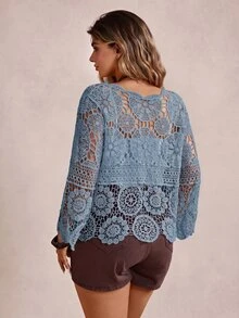Freevana Plus Size Vacation Knit Hollow Out Cardigan - Dusty Blue - View 2