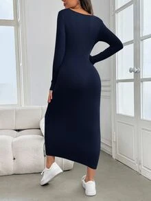 SHEIN 孕婦嬰兒派對女款洋裝 秋冬綠色長袖修身孕婦洋裝 - 藏蓝色 - 查看 2