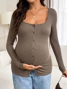 SHEIN 孕婦復古哺乳鈕扣長袖針織T恤 - 咖啡棕 - 查看 6
