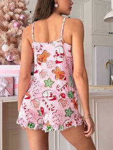 SweetSlumber Christmas Sweet Cute Bow Pattern Spaghetti Strap Women Pajama Set - Multicolor - View 2