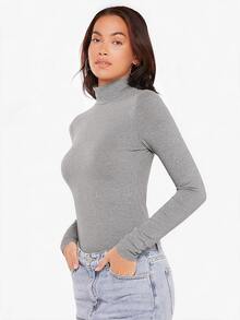 SHEIN BASICS 女款高領長袖羅紋針織修身T恤上衣，黑色 - 淺灰色 - 查看 3