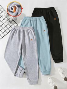 SHEIN 3件組 青少年男孩秋冬休閒百搭抓絨內裡鬆緊腰運動長褲 兒童慢跑褲 多件裝 - 彩色 - 查看 2