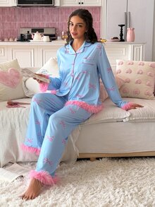 SweetSlumber Women's Sweet Romantic Colorblock Bow Print Contrast Trim Open Front Pajama Set - Blue - View 6