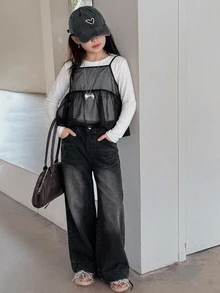 DAZY Tween Girl Casual Daily Wide Leg Denim Jeans With Pockets And Buttons - Black - View 9