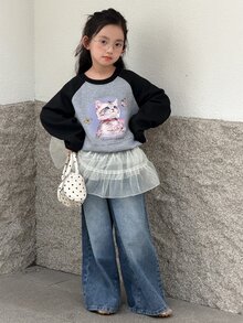 DAZY Tween Girl) Casual Colorblock Long Sleeve Sweatshirt Top Stylish Autumn Winter - Grey - View 1