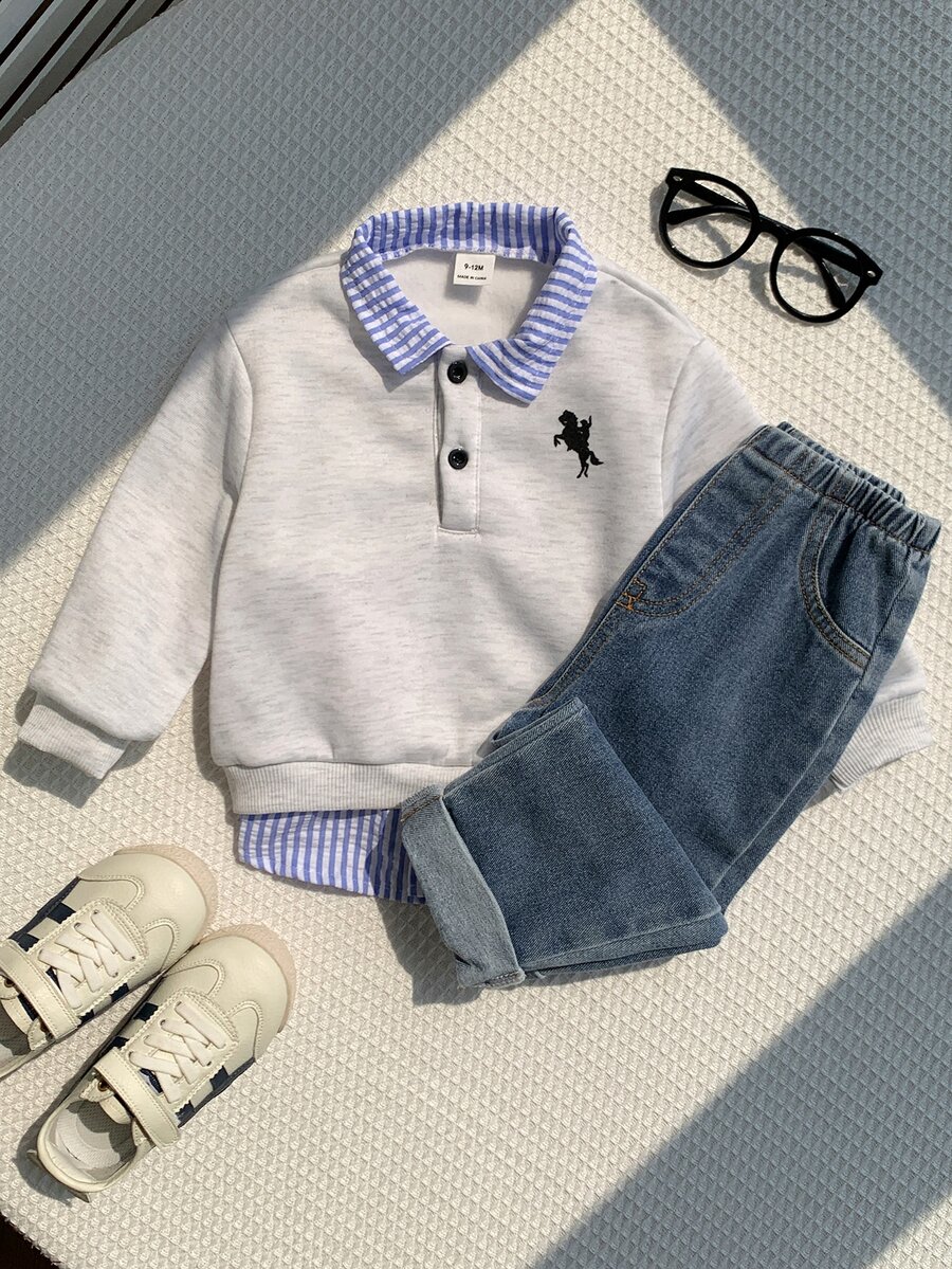 SHEIN 男女嬰兒/幼兒 2件組秋冬加厚抓絨內裡休閒可愛假兩件式運動衫套裝,牛仔色,嬰兒運動服,嬰兒冬季衣物,牛仔褲 - 藏蓝色 - 查看 1
