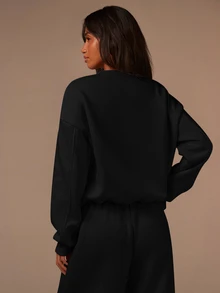 Athîral Setelan Sweatshirt Lengan Panjang dan Celana Panjang Warna Polos untuk Wanita - Hitam - View 2