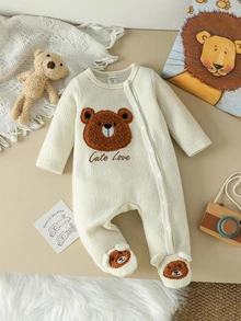 SHEIN 1pc Newborn Baby Footed Romper Cute Sweet Beige Cream Bear Applique Ribbed Long Sleeve Round Neck Regular Birthday Fall Winter Embroidery - Khaki - View 7