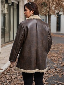 Reflora Plus Size Colorblock PU Material Patchwork Button Long Sleeve Jacket Hiking Holiday Brown Winter Casual Elegant - Brown - View 4
