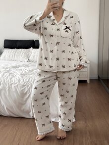Napfluff CURVE Napfluff CURVE Plus Size Women Sweet Bow Print Coral Fleece Pajama Set - Multicolor - View 3