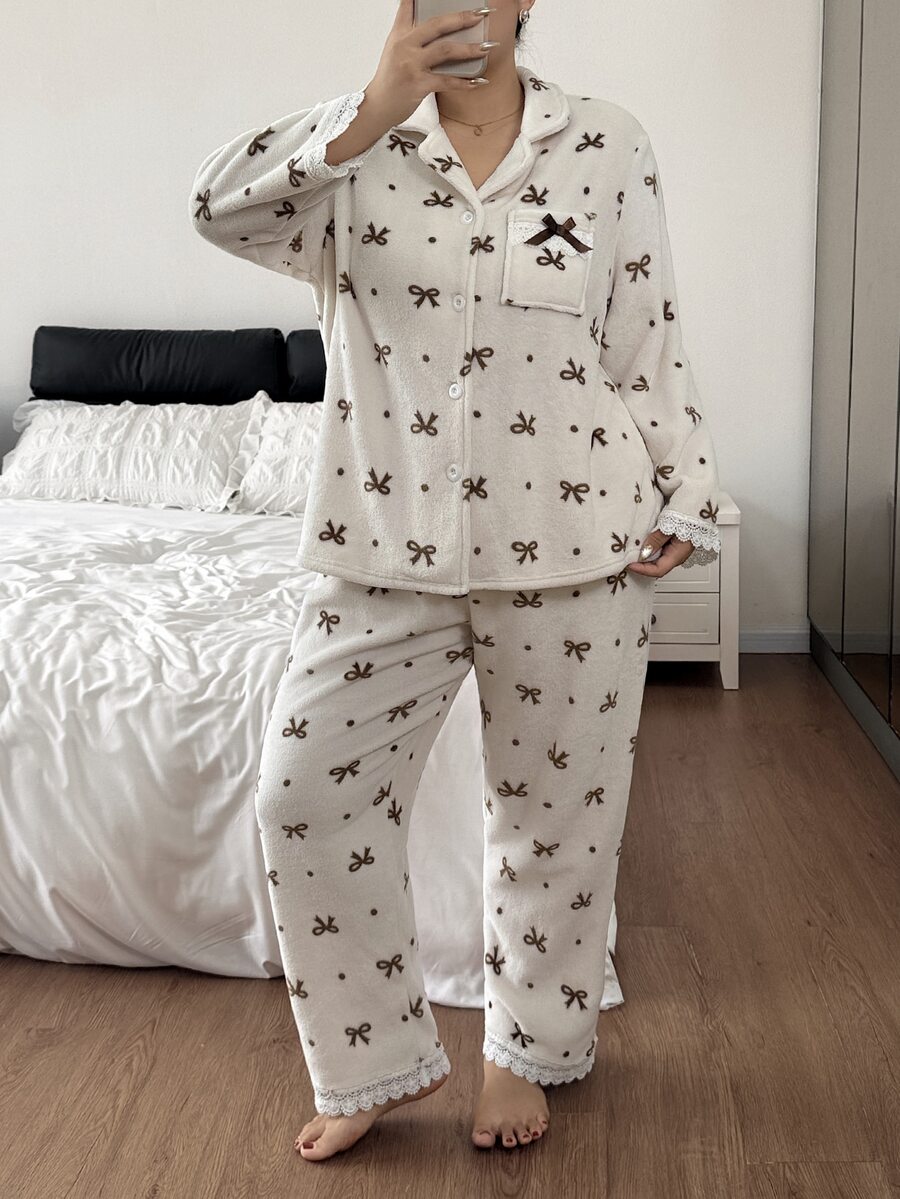 Napfluff CURVE Napfluff CURVE Plus Size Women Sweet Bow Print Coral Fleece Pajama Set - Multicolor - View 1