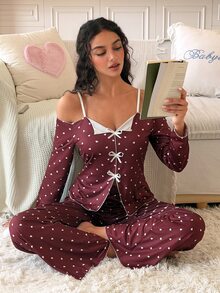 SweetSlumber Women's Heart Print Knit Fabric Long Sleeve Pants Pajama Set - Red and White - View 6