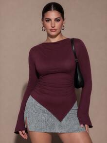 SHEIN BAE CURVE Atasan Kasual Sehari-hari Serbaguna untuk Wanita Ukuran Plus Warna Polos dengan Detail Kerut dan Potongan Pas Badan - Burgundy - View 5