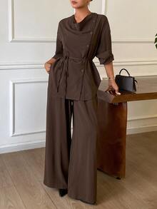 Dazy Tall Women's Solid Color Pleated Top And Pants Casual Daily 2 Pieces Set - Brown - View 7