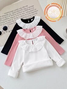SHEIN 女嬰秋冬白色針織彼得潘領長袖上衣，附保暖內裡 - 白色 - 查看 1