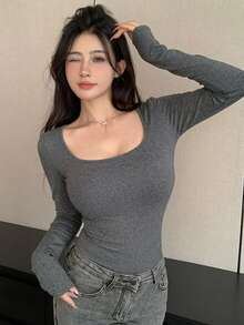 DAZY Women's Solid Color Casual Versatile Daily Long Sleeve T-Shirt - Dark Grey - View 8