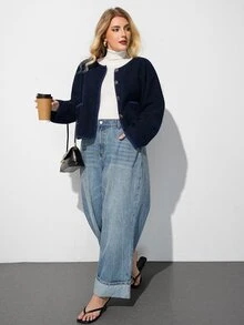Maija Plus Size Women's Solid Color Casual Daily Wear Wool Blend Coat - Navy Blue - View 2