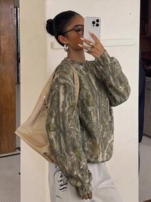 Muchica Casual Minimalist Street Style Washed Effect Tree Branch Camouflage Print Lightweight Sweatshirt, Suitable For Autumn Winter Spring Summer Wear, Sports Style - White - View 1