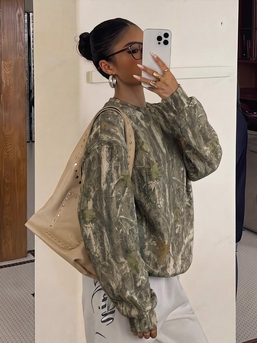 Muchica Casual Minimalist Street Style Washed Effect Tree Branch Camouflage Print Lightweight Sweatshirt, Suitable For Autumn Winter Spring Summer Wear, Sports Style - White - View 1