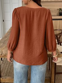 Weeklong Women Plus Size Spring Summer Casual Vacation Square Neck Button Mid Sleeve Solid Color Shirt, Suitable For Daily Wear And Vacation - Orange - View 2