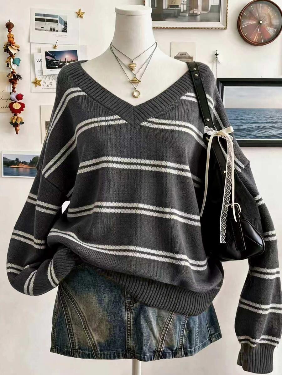 Lalippa Women's Striped V-Neck Drop Shoulder Long Sleeve Loose Casual Sweater - Grey - View 1