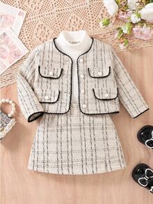 SHEIN Baby Girl Color Block Long Sleeve Jacket, Skirt And Solid Color Long Sleeve Top Set - Beige - View 10