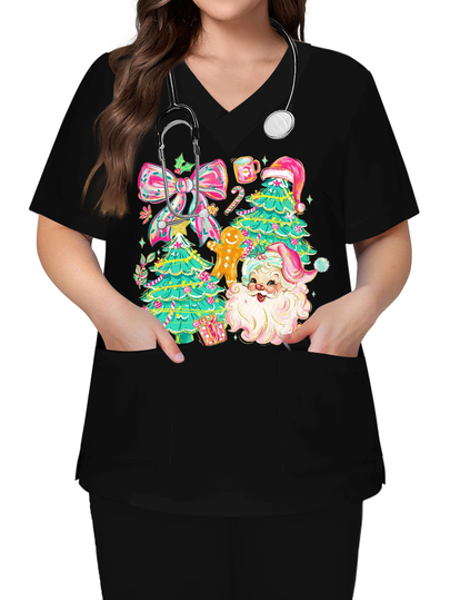 PopScrub Baju Kerja Perawat, Lab, Dokter, Lengan Pendek Leher V dengan Dua Saku, Motif Pohon Natal Lucu dan Berwarna-warni, Gambar Kartun Santa Claus, Seragam Kerja Fungsional untuk Liburan, Pakaian Liburan Natal dengan Banyak Saku, Atasan Wanita untuk Natal, Pesta Natal, Dekorasi Natal, Lucu, Selamat Natal