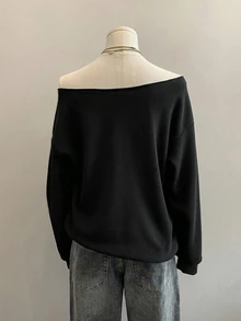 SHEIN EZwear Casual Loose Off-Shoulder Printed Pattern Thick Sweatshirt - Black - View 2