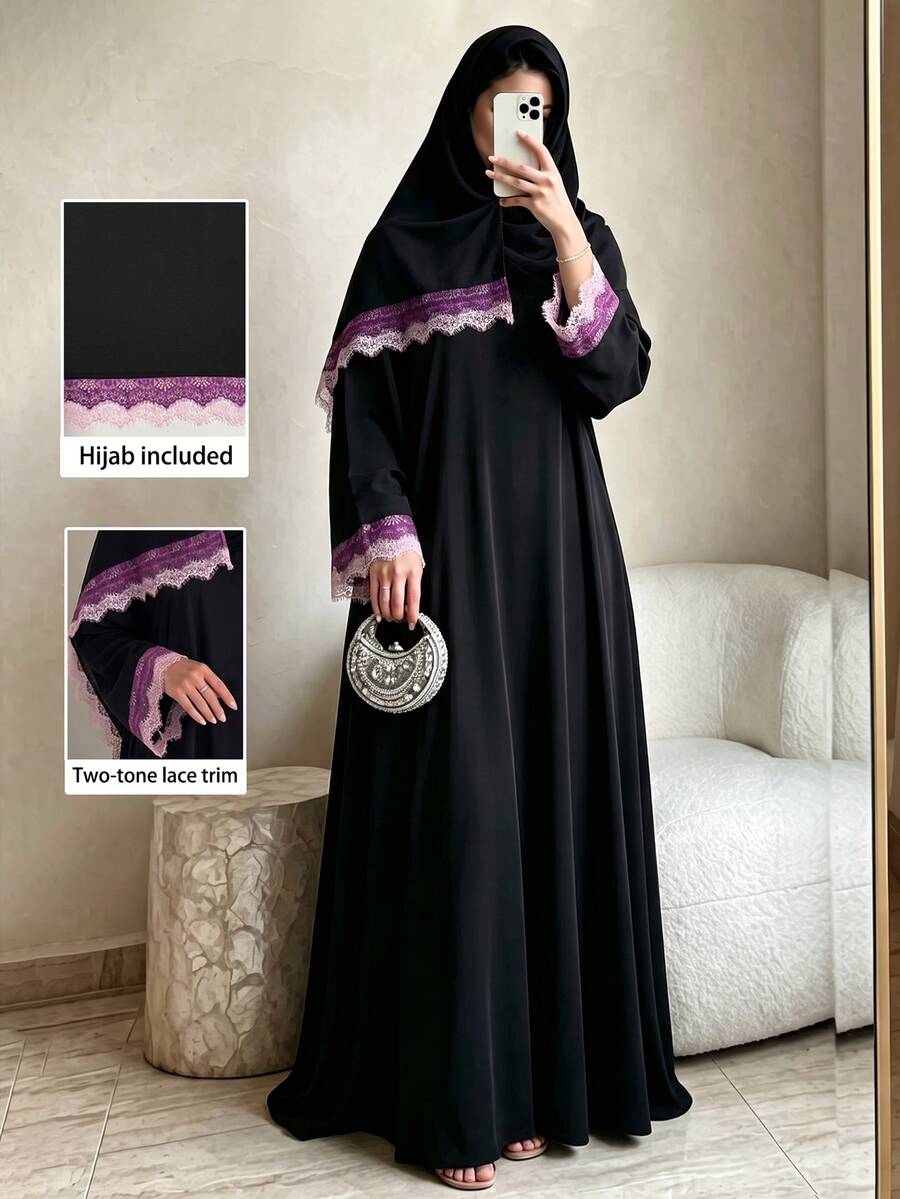 Yasmyna Solid Color Round Neck Contrast Lace Cuff Long Sleeve Maxi Abaya & Hijab 2pcs Set - Black - View 1