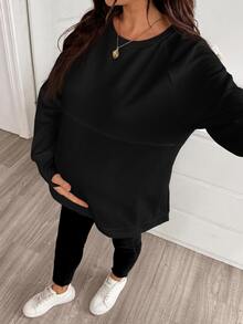 SHEIN Maternity Solid Color Round Neck Raglan Long Sleeve Casual Nursing Sweatshirt Winter - Black - View 3