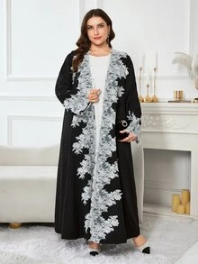 Al Najma Minimalist Casual Solid Color Lace Trim Long Sleeve Loose Regular Fit Spring Autumn Plus Size Abaya - Black - View 5