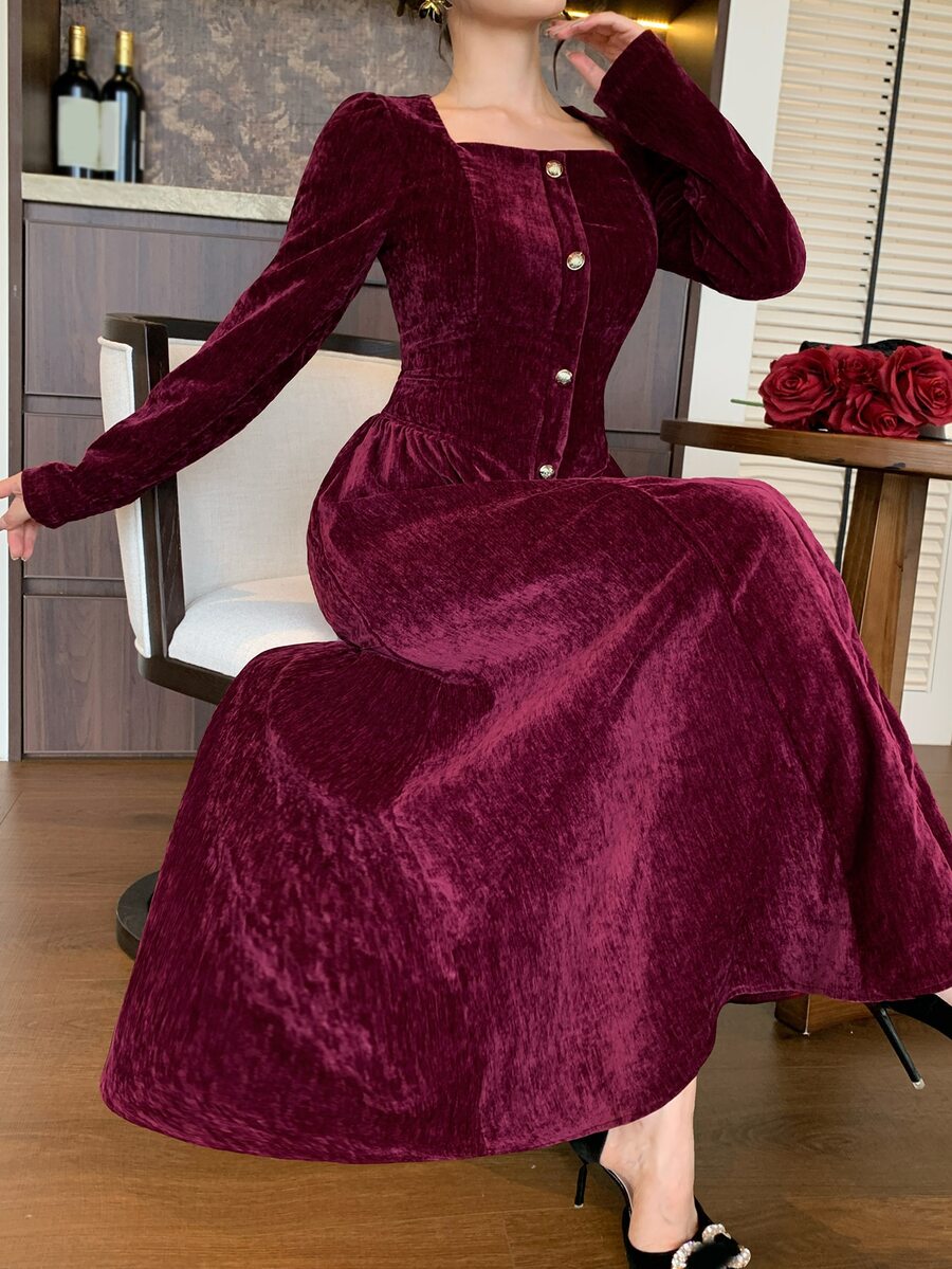 DAZY Women's French Style Button Waist Pleated Long Sleeve Dress - Burgundy - View 1