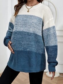 SHEIN Maternity Colorblock Round Neck Dropped Shoulder Long Sleeve Casual Sweater - Blue - View 5