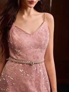 MOTF PREMIUM AUTUMN/WINTER WOMEN'S SEQUIN WOOL BLEND SHORT SPAGHETTI STRAP DRESS - Baby Pink - View 2