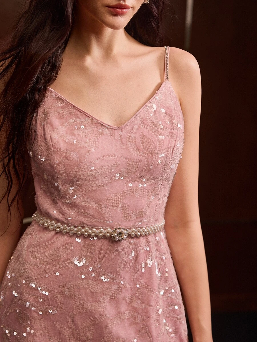 MOTF PREMIUM AUTUMN/WINTER WOMEN'S SEQUIN WOOL BLEND SHORT SPAGHETTI STRAP DRESS - Baby Pink - View 1